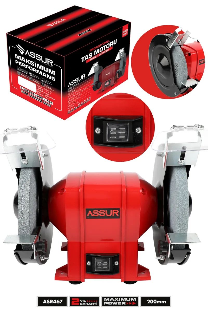 ASSUR 350W 200mm Disk Çapı Zımpara Balta Bıçak Bileme Makinesi Taş Motoru Tezgah Üstü Taşlama