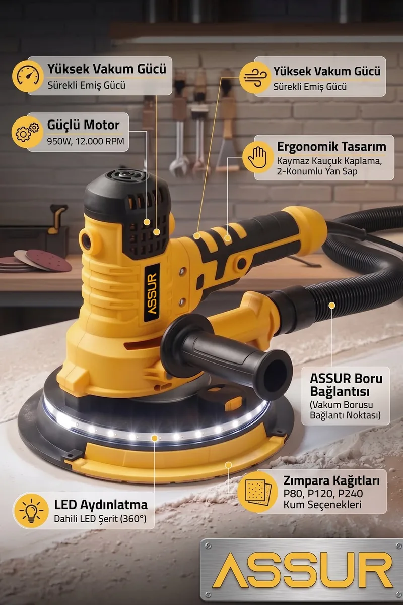 Assur 360'Ledli 850W Pro Alçıpan Zımpara Makinası Toz Emmeli - Görsel 4