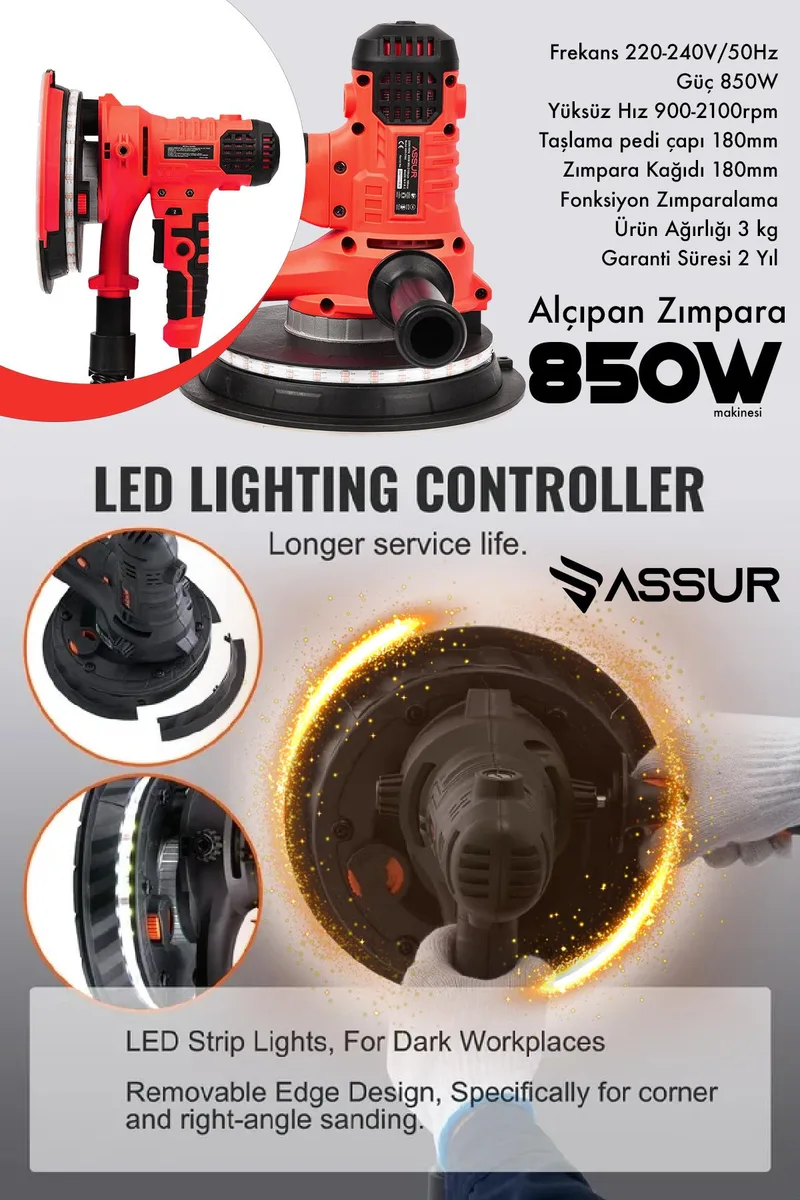 Assur 360'Ledli 850W Pro Alçıpan Zımpara Makinası Toz Emmeli - Görsel 6