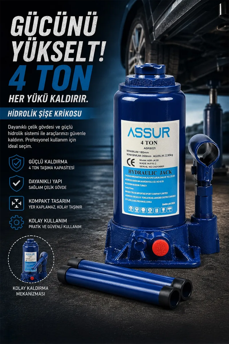 ASSUR 4 Ton Oto Kriko Araç Kaldırma Krikosu Şişe Kriko Hidrolik Kaldırma - Görsel 2