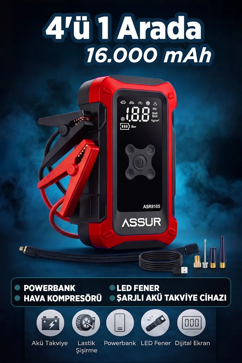 ASSUR 4'ü 1 Arada Akü Takviye Cihazı, Hava Kompresörü, Powerbank ve LED Fener