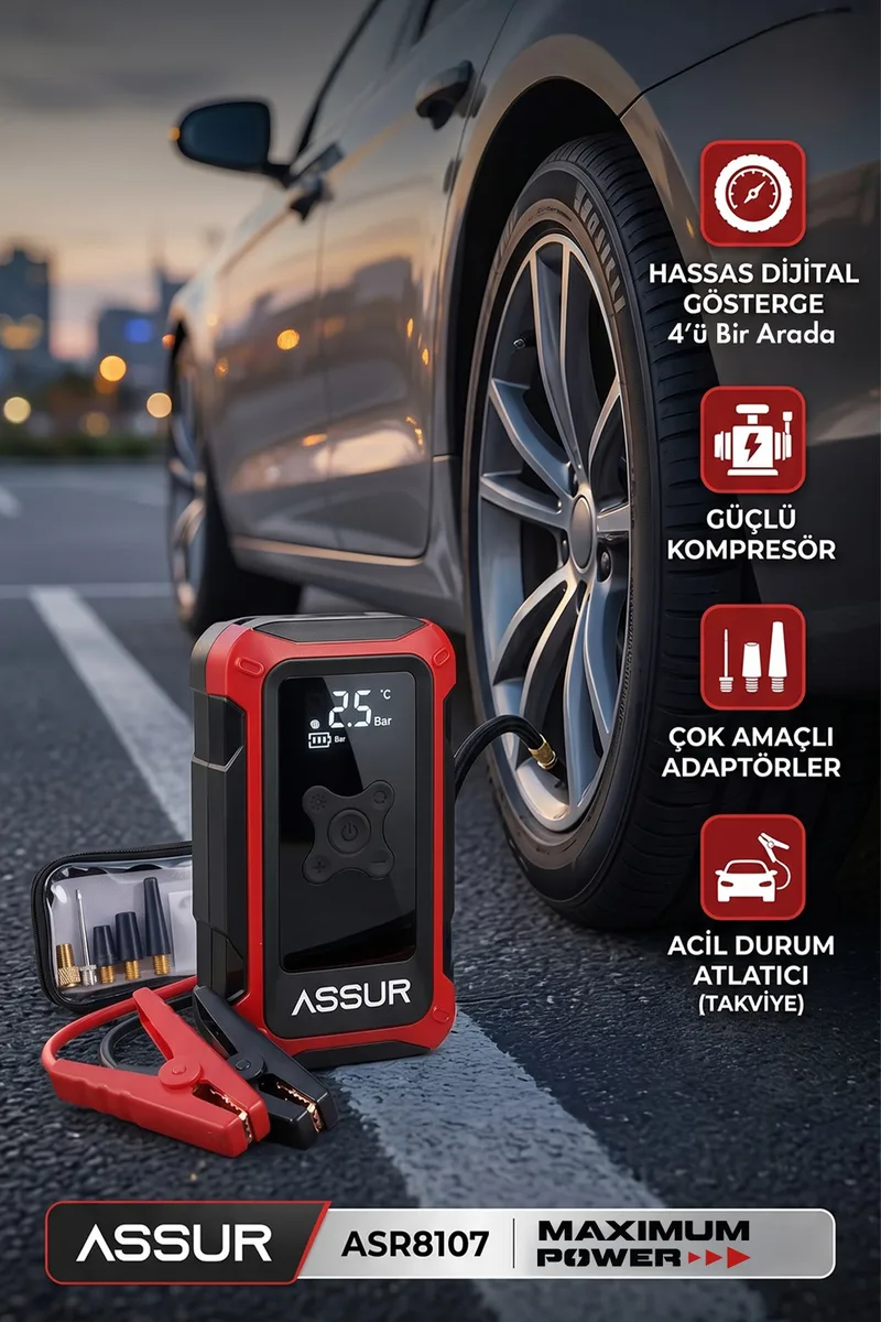 ASSUR 4'ü 1 Arada Akü Takviye Cihazı, Hava Kompresörü, Powerbank ve LED Fener - Görsel 3