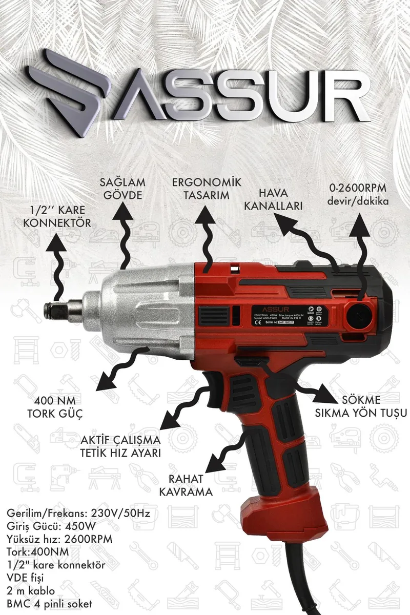Assur 400 W Elektrikli Somun Sıkma Sökme Makinesi 400 NM Tork 1/2 Başlık - Görsel 2