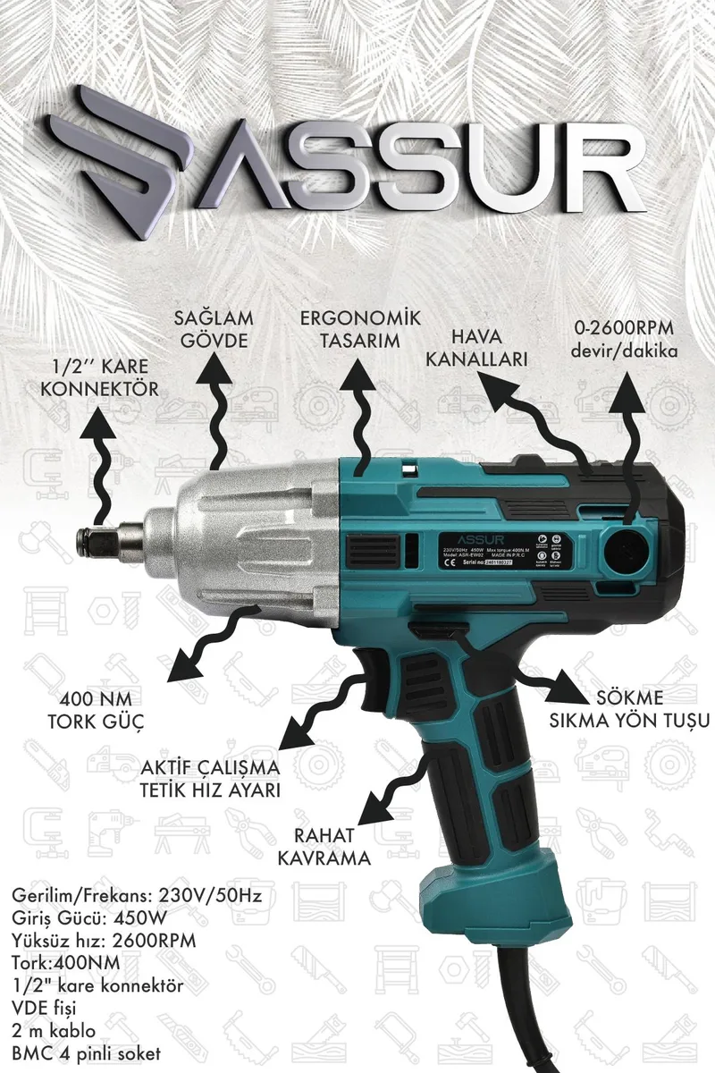 Assur 400 W Elektrikli Somun Sıkma Sökme Makinesi 400 NM Tork 1/2 Başlık - Görsel 5