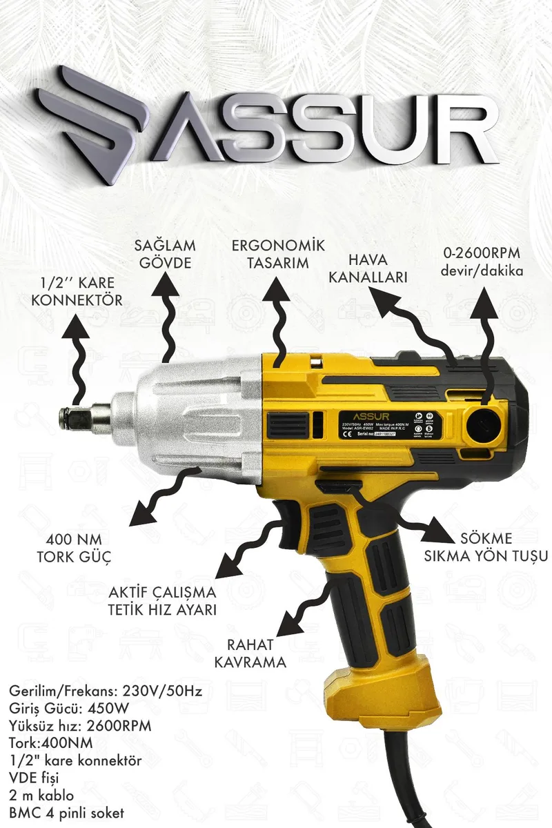 Assur 400 W Elektrikli Somun Sıkma Sökme Makinesi 400 NM Tork 1/2 Başlık - Görsel 8