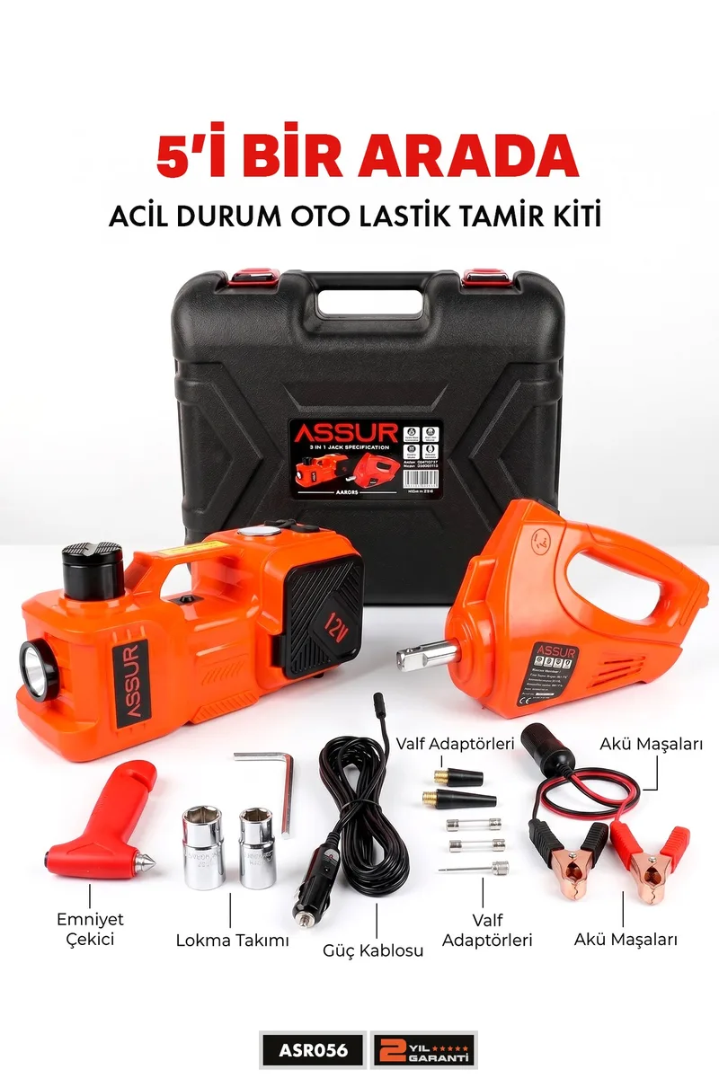Assur 5'i 1 Arada 5 Ton Hidrolik Kriko 12V Hava Kompresörü & Bijon Sökme Sıkma Makinesi