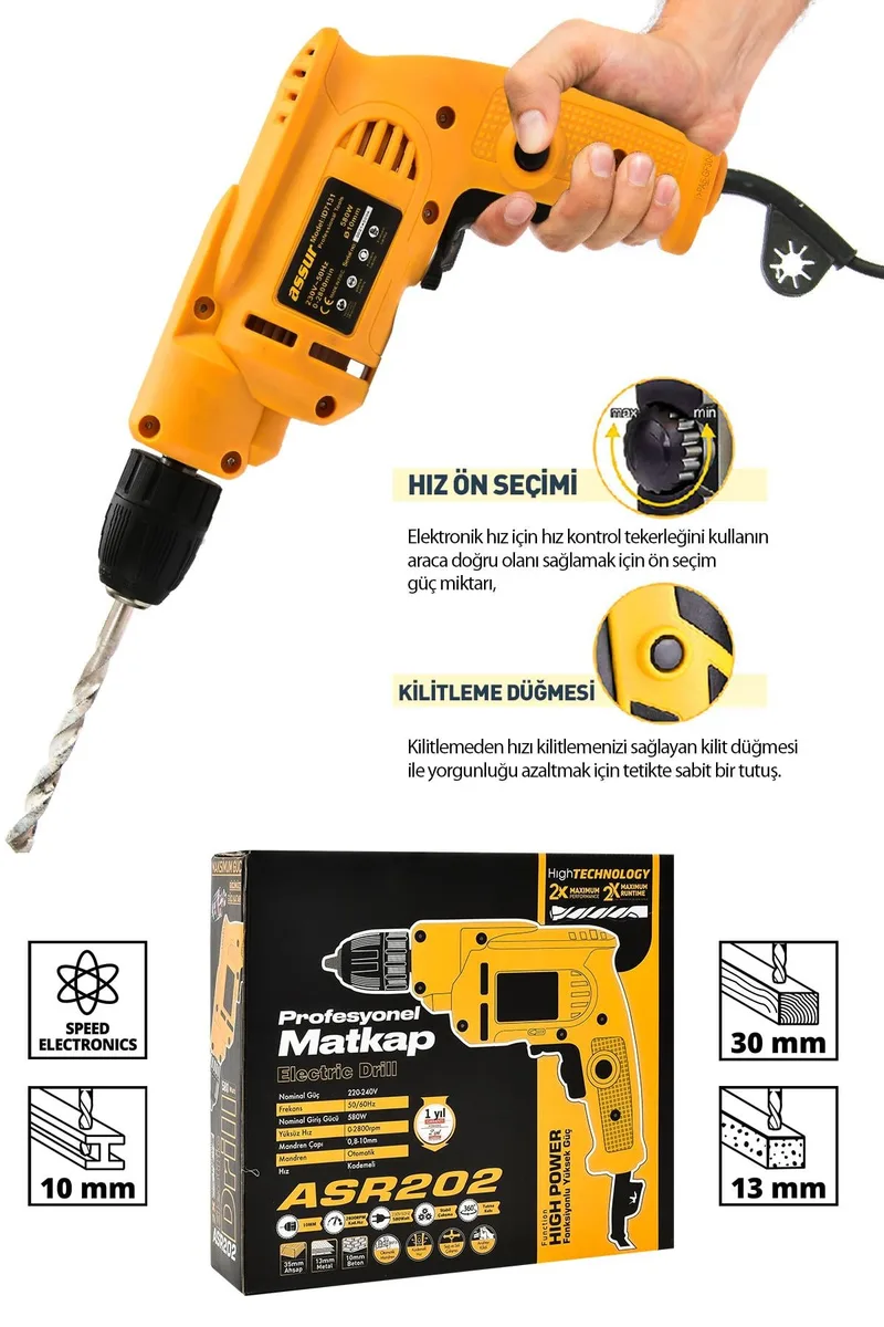 Assur 580W Metal Şanzıman 10mm Elektrikli Matkap - Görsel 7