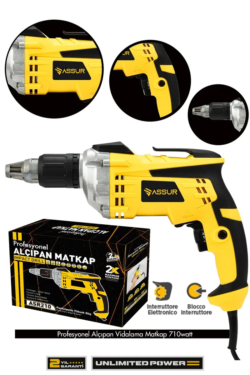 ASSUR 710W 90 Nm Tork Darbeli Alçıpan Vida Tabancası Profesyonel Sarı Vidalama Makinesi