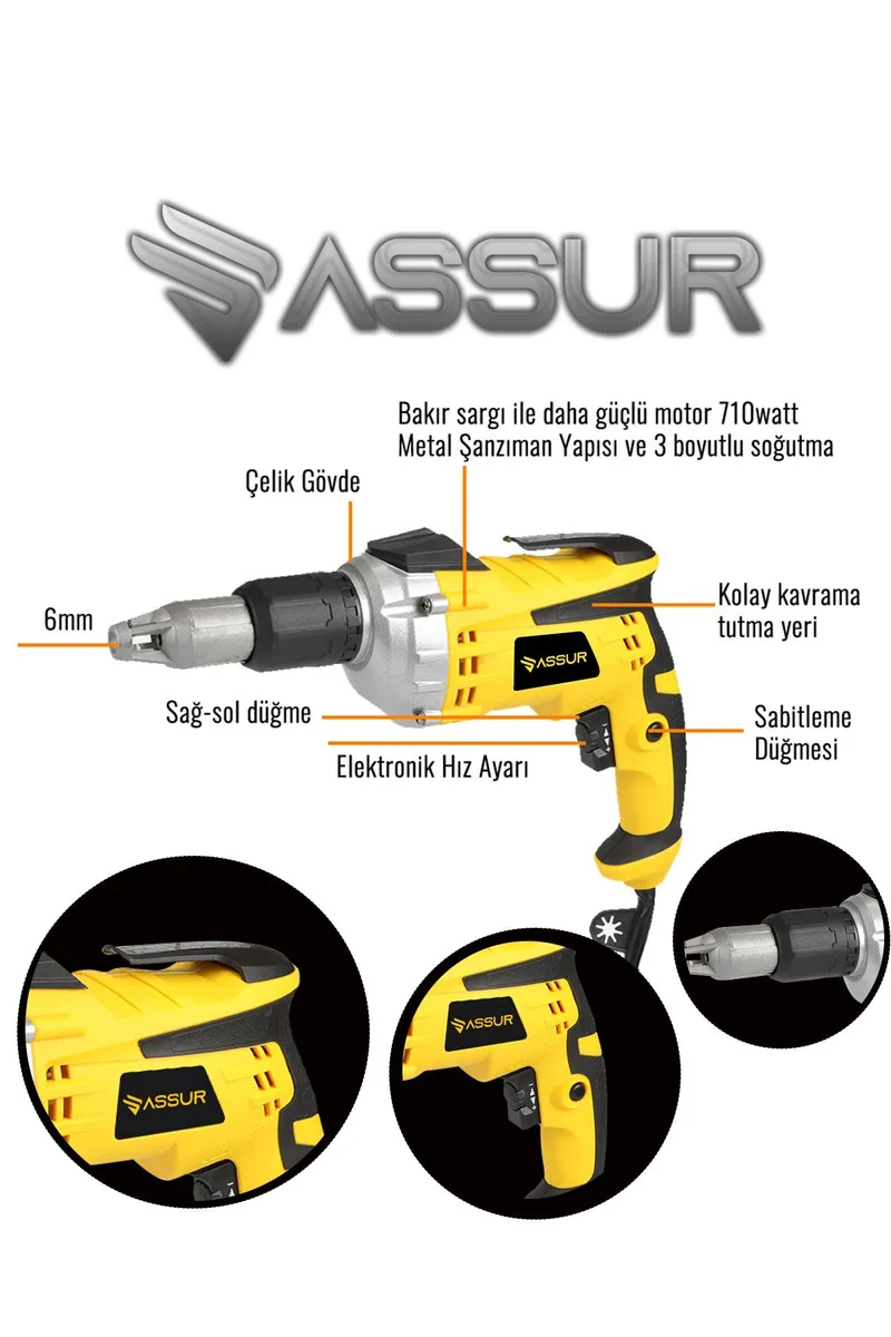 ASSUR 710W 90 Nm Tork Darbeli Alçıpan Vida Tabancası Profesyonel Sarı Vidalama Makinesi - Görsel 3