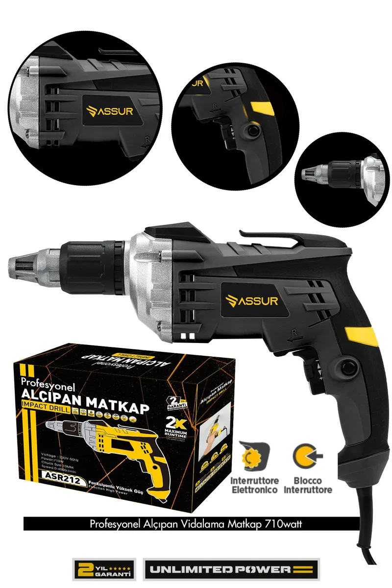 ASSUR 710W 90 Nm Tork Darbeli Alçıpan Vida Tabancası Profesyonel Sarı Vidalama Makinesi - Görsel 4