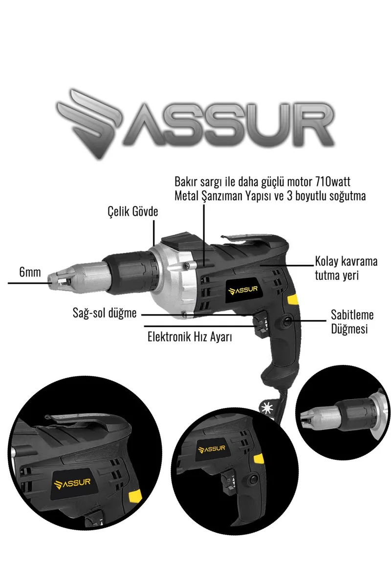 ASSUR 710W 90 Nm Tork Darbeli Alçıpan Vida Tabancası Profesyonel Sarı Vidalama Makinesi - Görsel 6