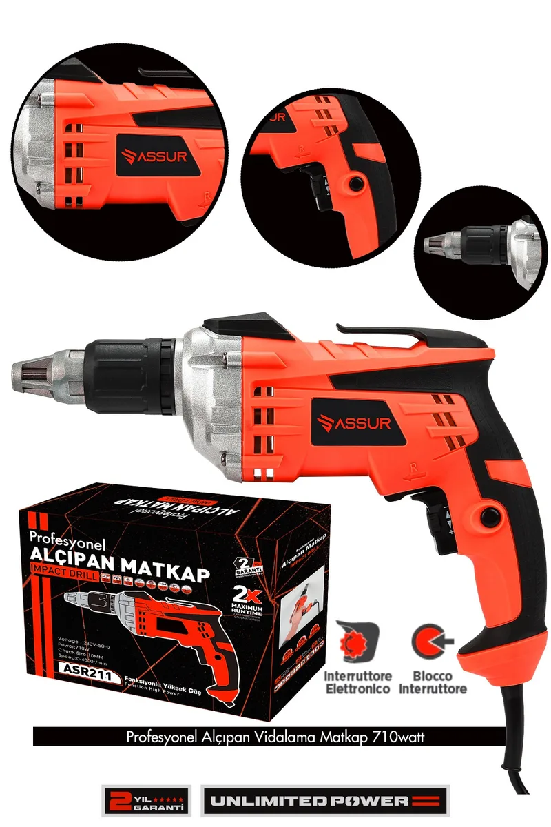 ASSUR 710W 90 Nm Tork Darbeli Alçıpan Vida Tabancası Profesyonel Vidalama Makinesi