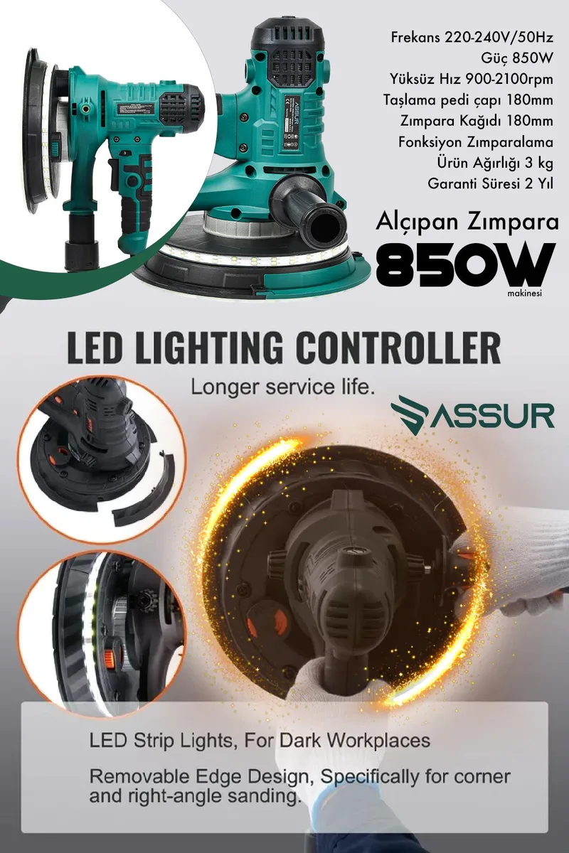 ASSUR 850W 360'Ledli Pro Alçıpan Zımpara Makinesi Toz Emmeli - Görsel 2