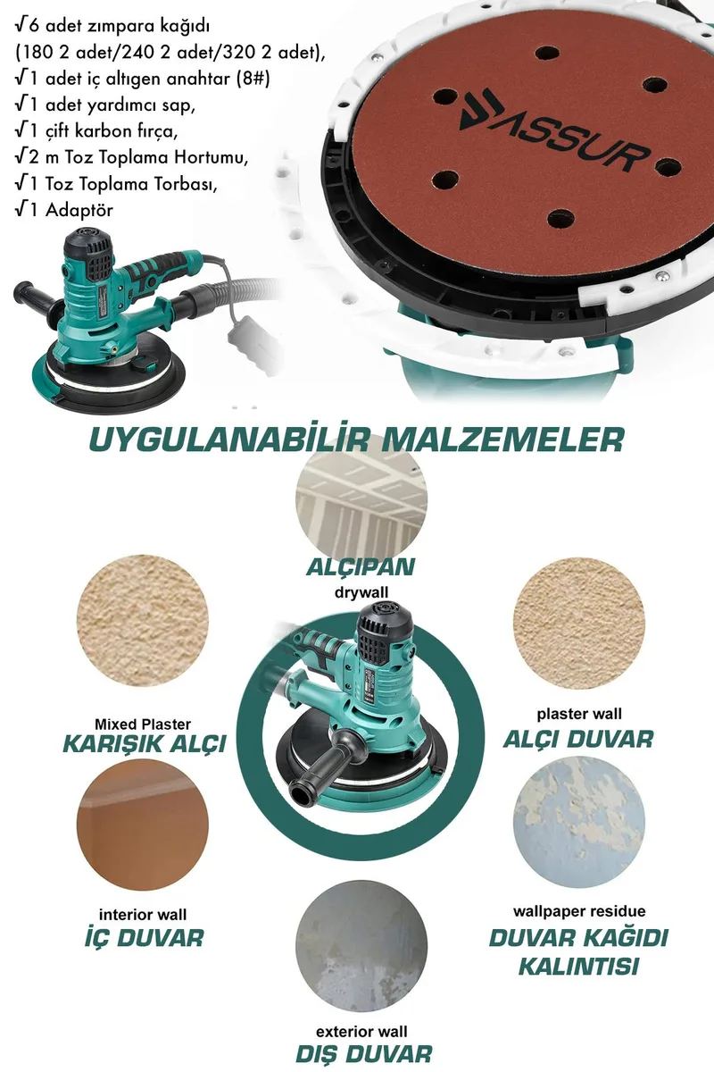 ASSUR 850W 360'Ledli Pro Alçıpan Zımpara Makinesi Toz Emmeli - Görsel 3