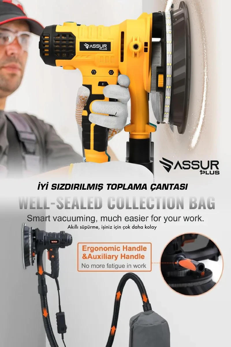 ASSUR 850W 360'Ledli Pro Alçıpan Zımpara Makinesi Toz Emmeli - Görsel 5