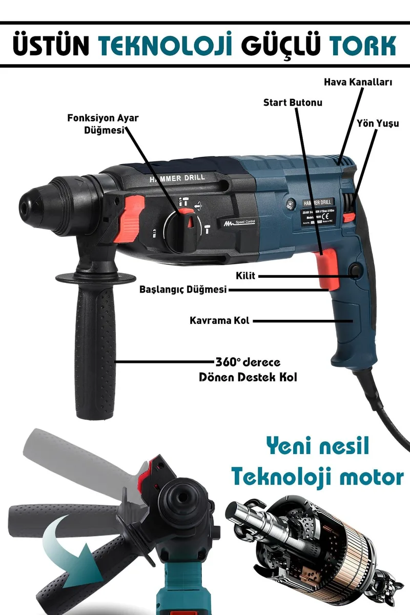 Assur 850W Metal Şanzıman Darbeli Matkap Kırıcı Delici Hilti 2-28mm - Görsel 6