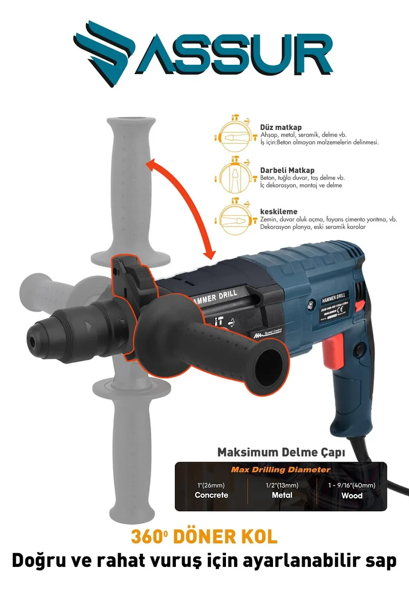 Assur 850W Metal Şanzıman Darbeli Matkap Kırıcı Delici Hilti 2-28mm - Görsel 7