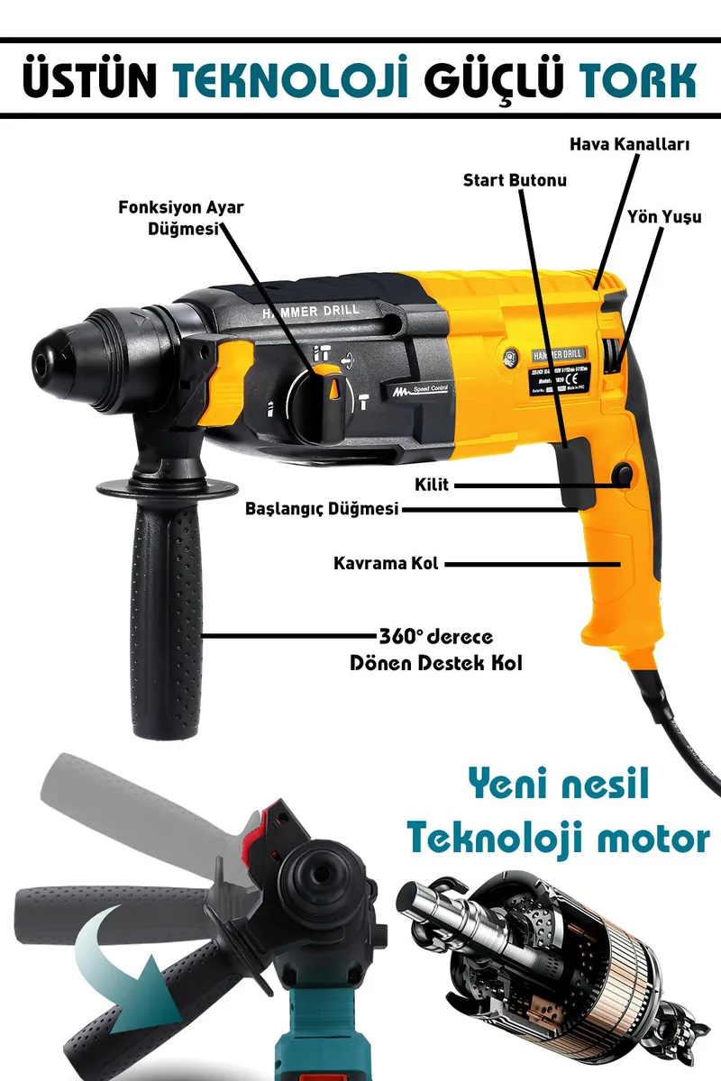 ASSUR 850W Metal Şanzıman Darbeli Matkap Kırıcı Delici Hilti 2-28mm - Görsel 2