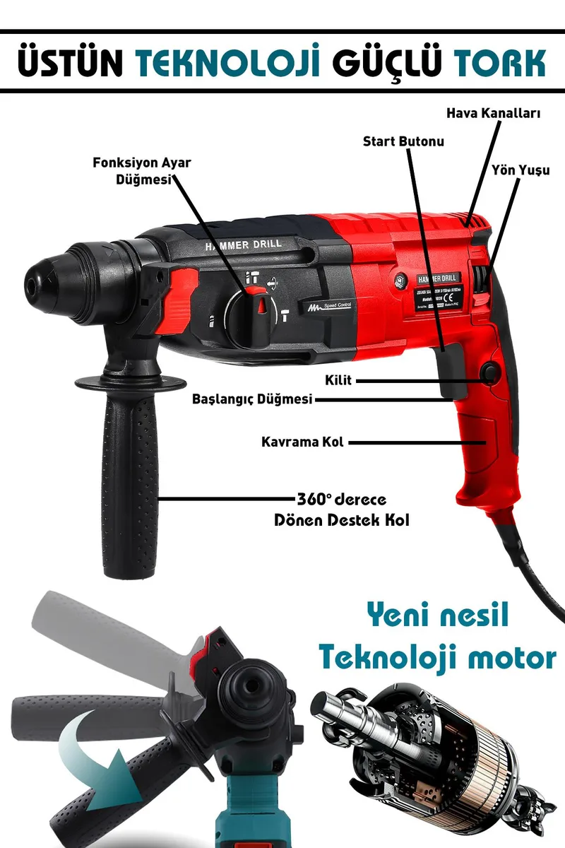 ASSUR 850W Metal Şanzıman Darbeli Matkap Kırıcı Delici Hilti 2-28mm - Görsel 6