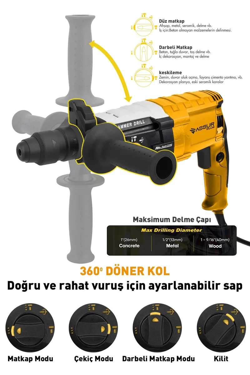 ASSUR 850W Profesyonel Metal Şanzıman Kırıcı Delici Hilti Darbeli Matkap 2-28mm - Görsel 3
