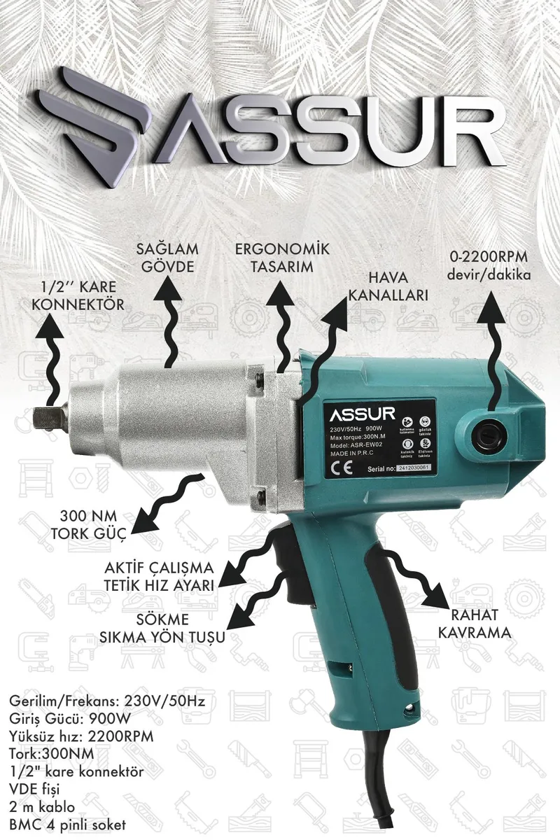 ASSUR 900W Elektrikli 300 Nm Tork Somun Sıkma Makinesi - Görsel 2