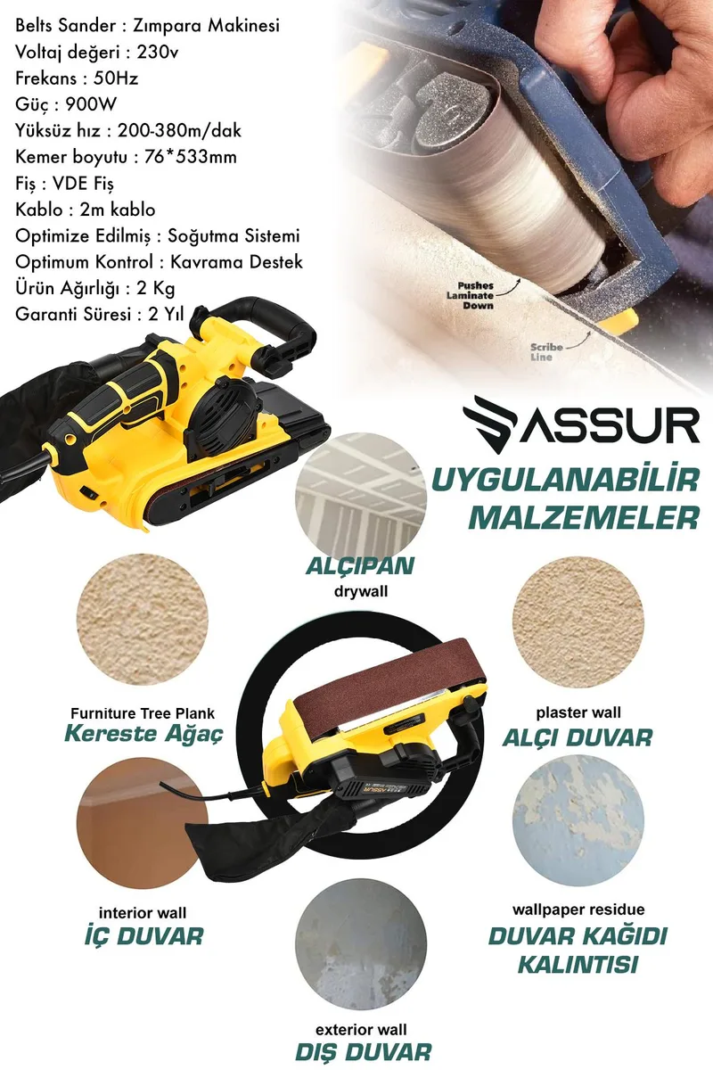 ASSUR 900W Elektrikli Vakumlu Tozsuz Cila Özellikli Tank Zımpara Makinesi - Görsel 3