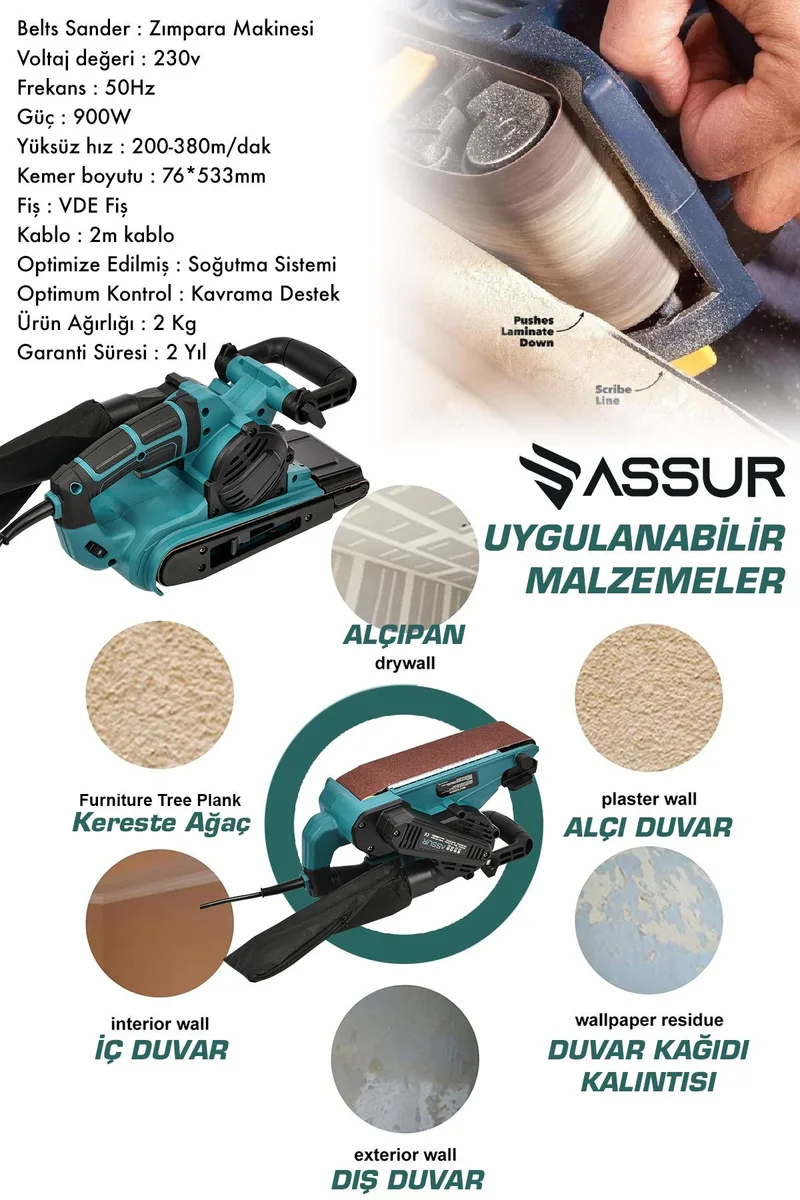 ASSUR 900W Elektrikli Vakumlu Tozsuz Cila Özellikli Tank Zımpara Makinesi - Görsel 6