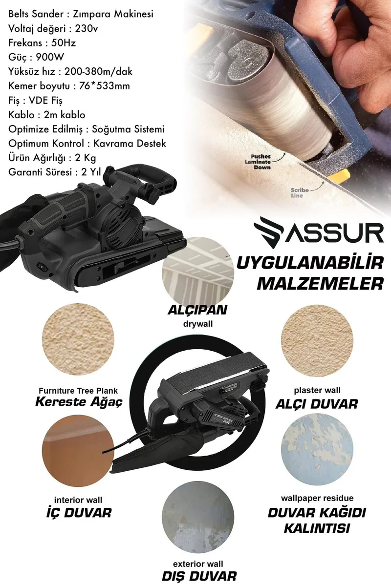 Assur 900W Elektrikli Vakumlu Tozsuz Cila Özellikli Tank Zımpara Makinesi - Görsel 6