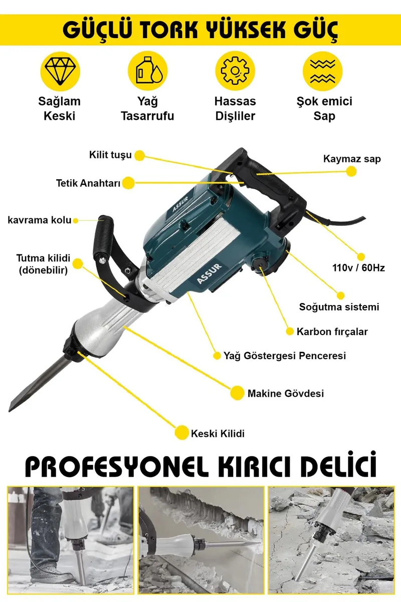 Assur Büyük Tip Kırıcı Hilti Kavrama Kollu 16 Kg 3 Metre Kablolu Çantalı 65mm - Görsel 3