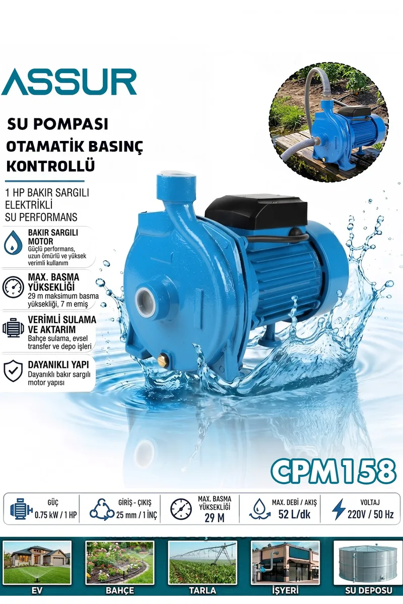 ASSUR Cpm158 29m Basınç Yüksekliği 1 HP Bakır Sargı Elektrikli Santrifüj Pompa Su Motoru