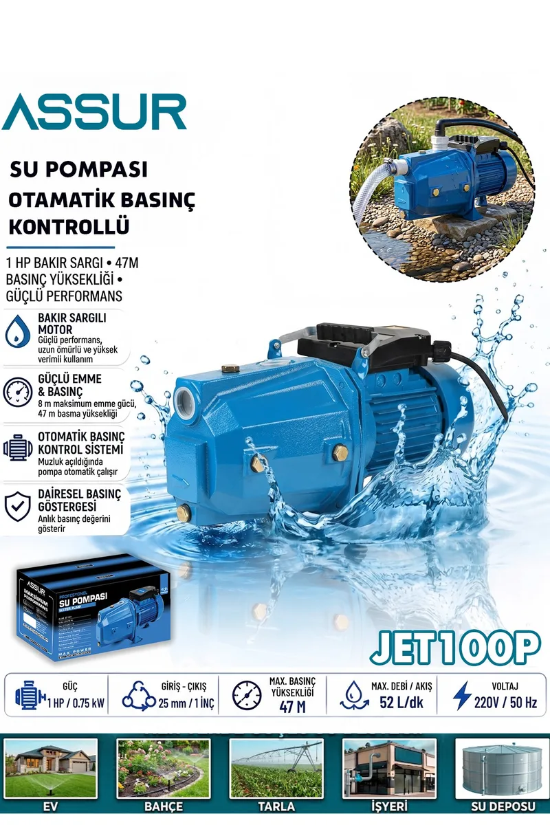 ASSUR JET100P 1HP 47m Bakır Sargılı Santrifüj Jet Su Pompası