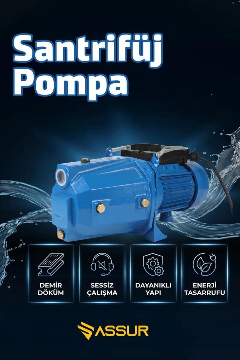 ASSUR JET100P 1HP 47m Bakır Sargılı Santrifüj Jet Su Pompası - Görsel 3