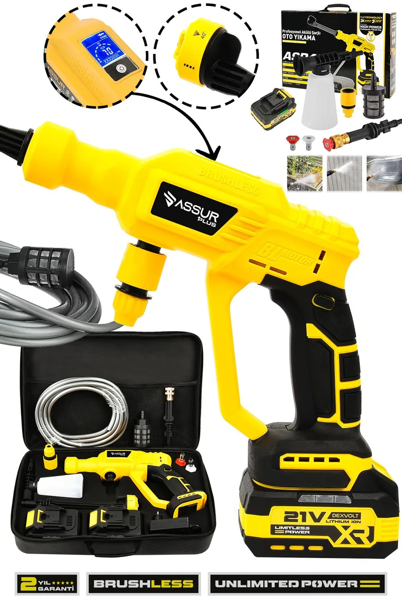 Assur Plus 21V 2 BATARYA Kömürsüz Motor Dijital Ekranlı Yüksek Basınçlı Akülü Şarjlı Oto Araba Yıkama Makinesi - Görsel 6