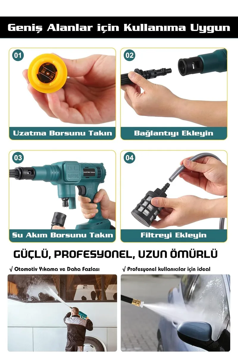Assur Plus 21V 2 BATARYA Kömürsüz Motor Dijital Ekranlı Yüksek Basınçlı Akülü Şarjlı Oto Araba Yıkama Makinesi - Görsel 8