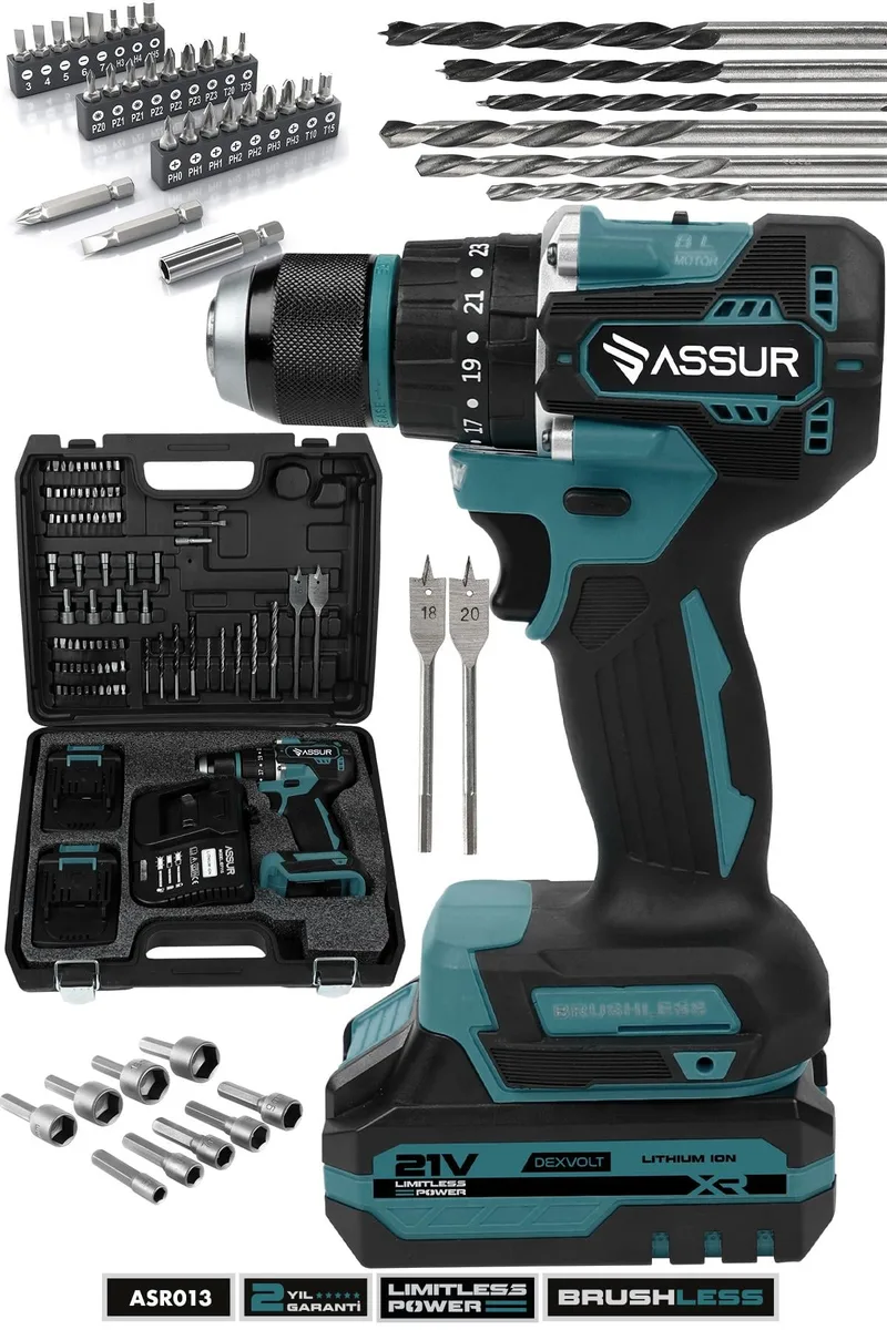Assur Plus 21V Şarjlı Matkap Bakır Sargı Kömürsüz Motor Çelik Mandren Darbeli Akülü Vidalama