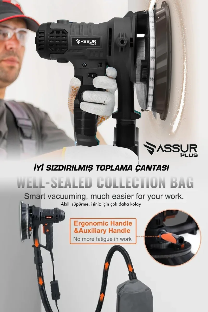 Assur Plus 360'Ledli 850W Pro Alçıpan Zımpara Makinası Toz Emmeli - Görsel 5