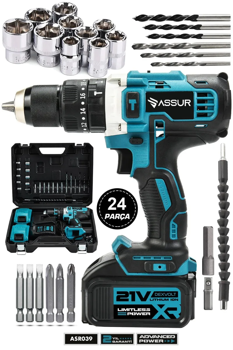 Assur Pro Metal Şanzıman 21V Çift Akülü Şarjlı Darbeli Matkap