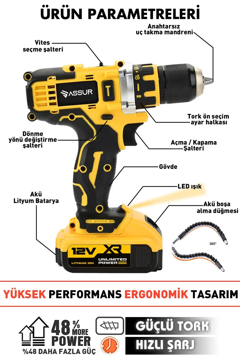 Assur Profesyonel 12V Çift Akülü Vidalama 84 Parça & 12 Köşe 360° Lazer Hizalama Set - Görsel 2