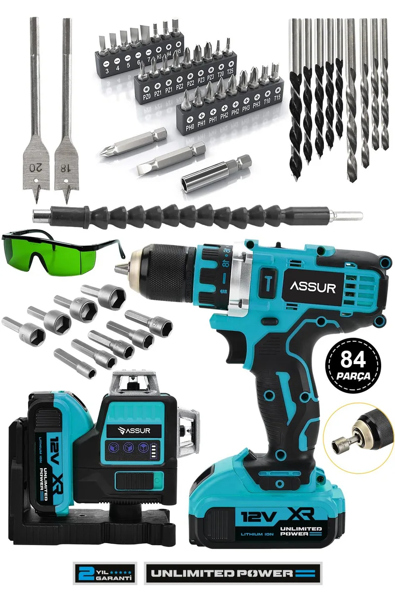 Assur Profesyonel 12V Çift Akülü Vidalama 84 Parça & 12 Köşe 360° Lazer Hizalama Set - Görsel 6