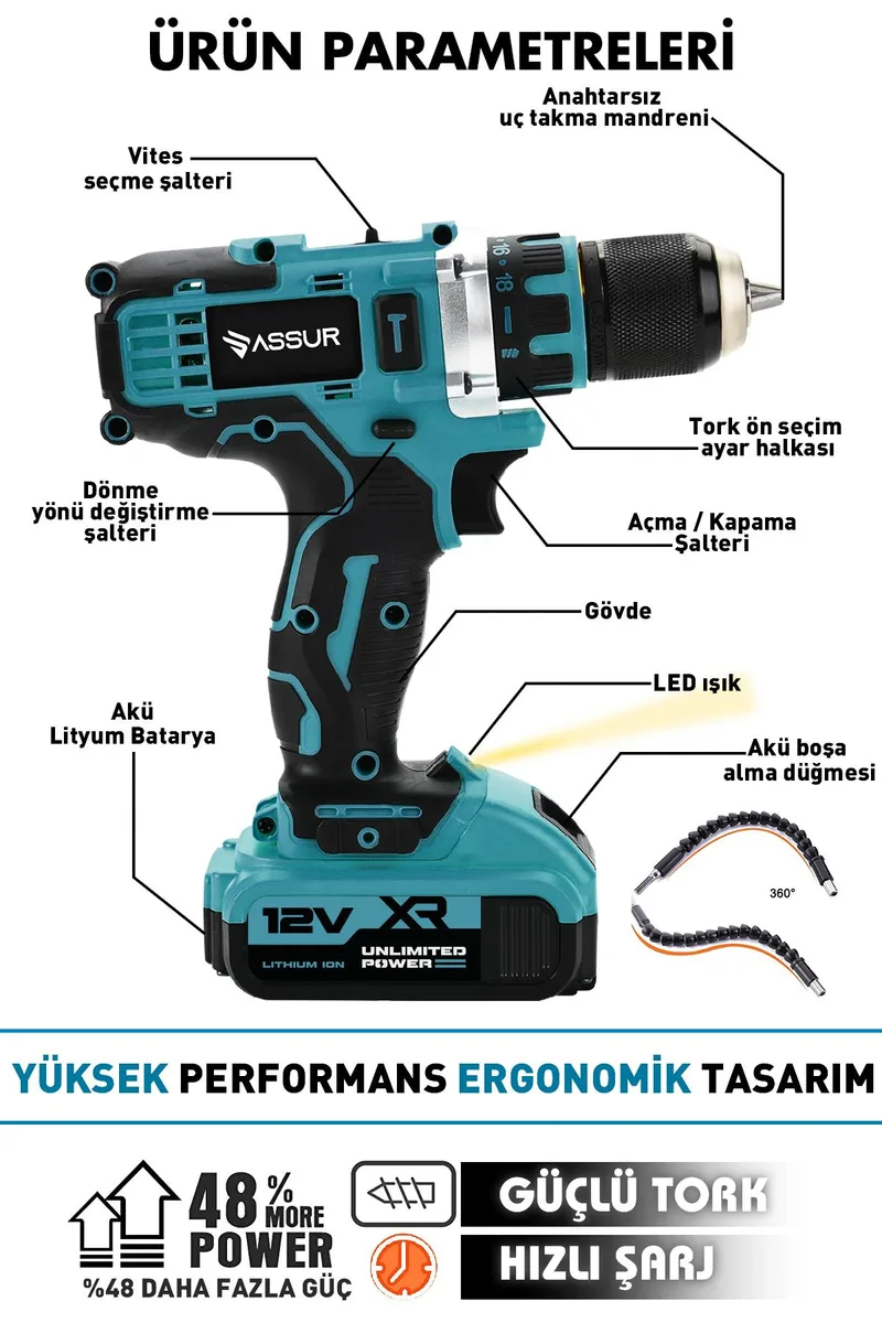Assur Profesyonel 12V Çift Akülü Vidalama 84 Parça & 12 Köşe 360° Lazer Hizalama Set - Görsel 7