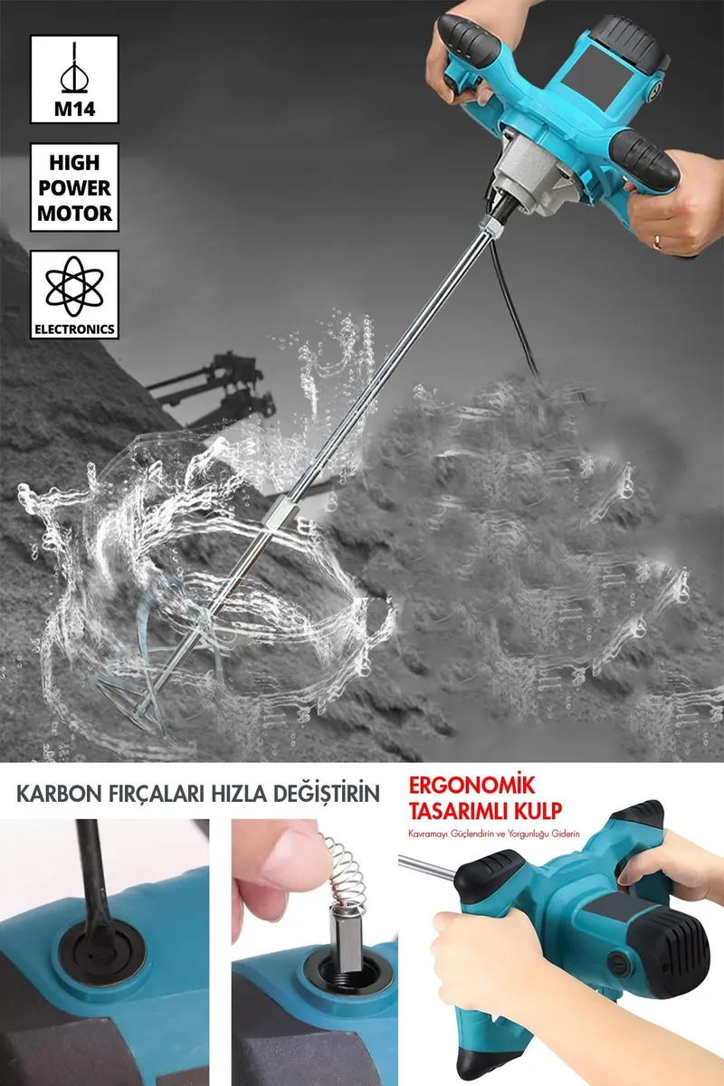Assur Profesyonel 1800W Devir Ayarlı Elektrikli Alçı Boya Ve Harç Karıştırıcı Mikser - Görsel 4