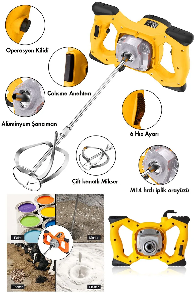 Assur Profesyonel 1800W Devir Ayarlı Elektrikli Alçı Boya Ve Harç Karıştırıcı Mikser - Görsel 7