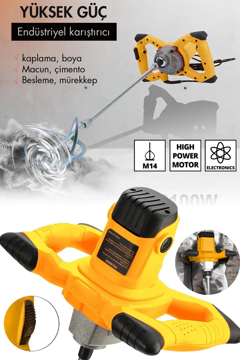 Assur Profesyonel 1800W Devir Ayarlı Elektrikli Alçı Boya Ve Harç Karıştırıcı Mikser - Görsel 8