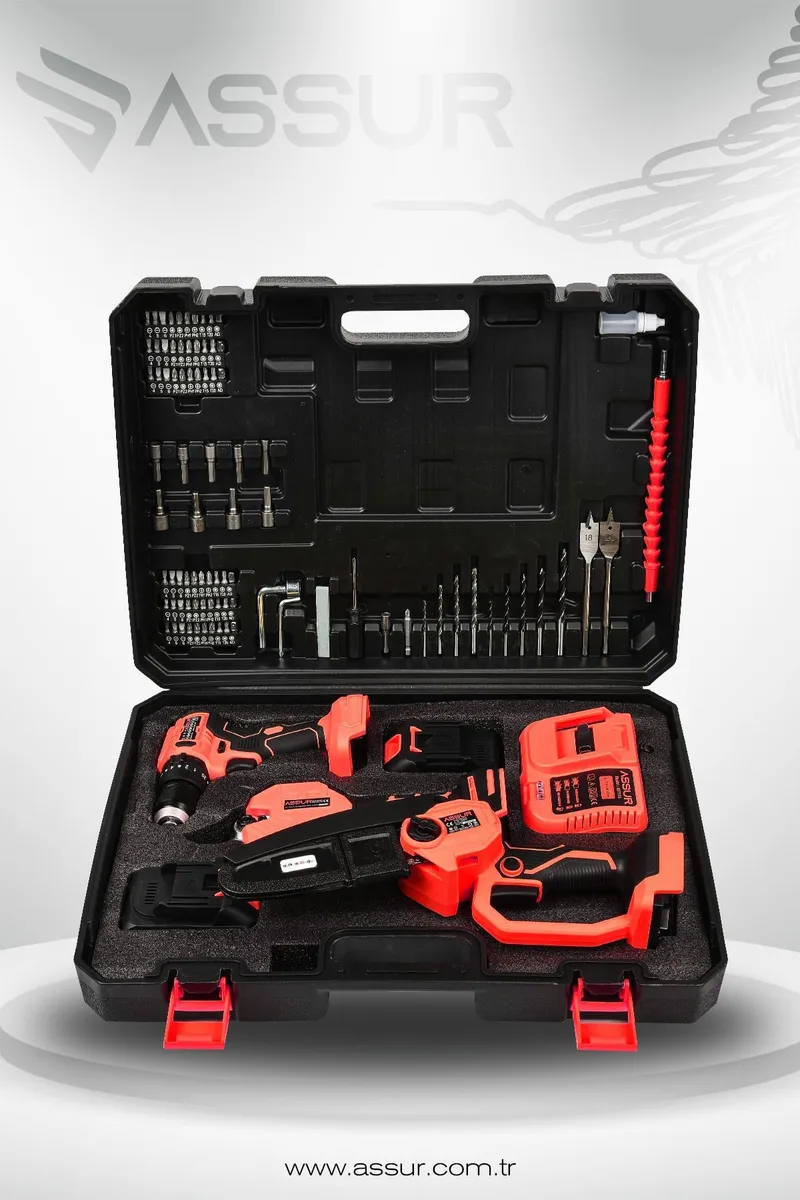 Assur Profesyonel 18V Çift Akülü Budama Makası Budama Testeresi Matkap Vidalama 3'lü Set - Görsel 7
