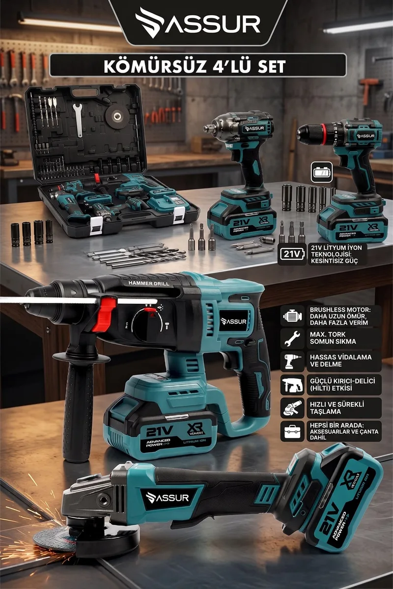 Assur Profesyonel 21V Akülü Vidalama & Taşlama & Kırıcı Delici Hilti & Somun Sıkma Sökme 4'lü Set - Görsel 2
