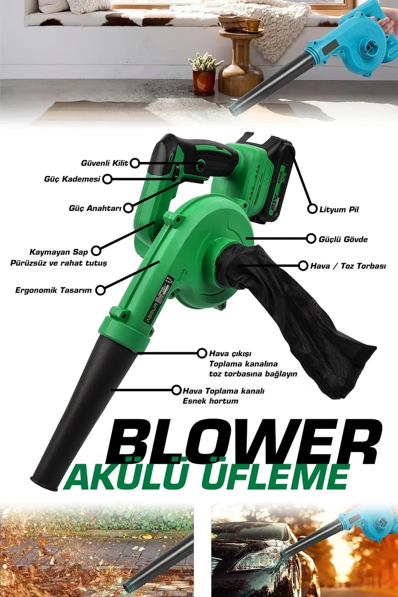 Assur Profesyonel 21v Çift Akülü Kompresör Şarjlı Hava Üfleme Makinesi - Görsel 4