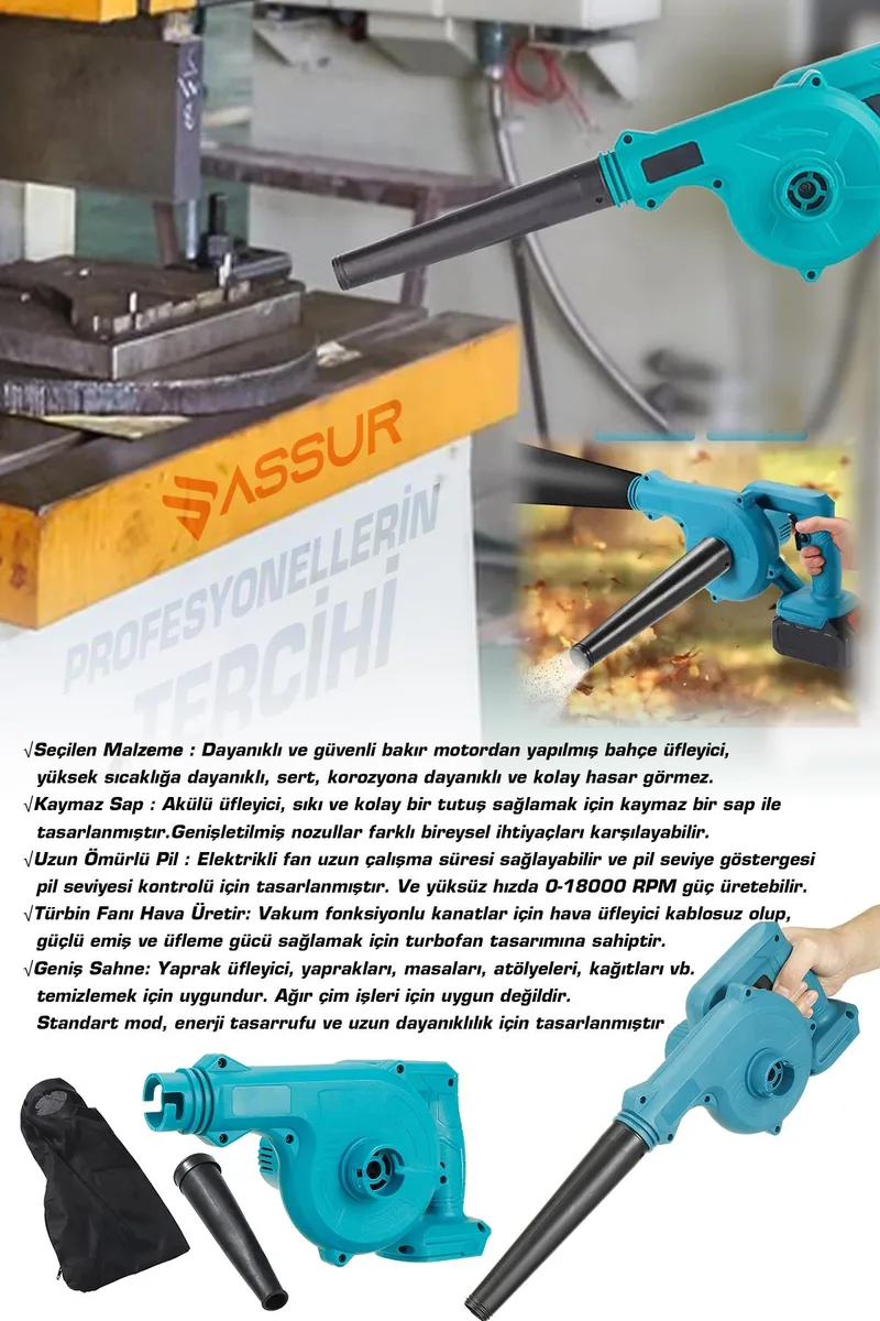 Assur Profesyonel 21v Çift Akülü Kompresör Şarjlı Hava Üfleme Makinesi - Görsel 5