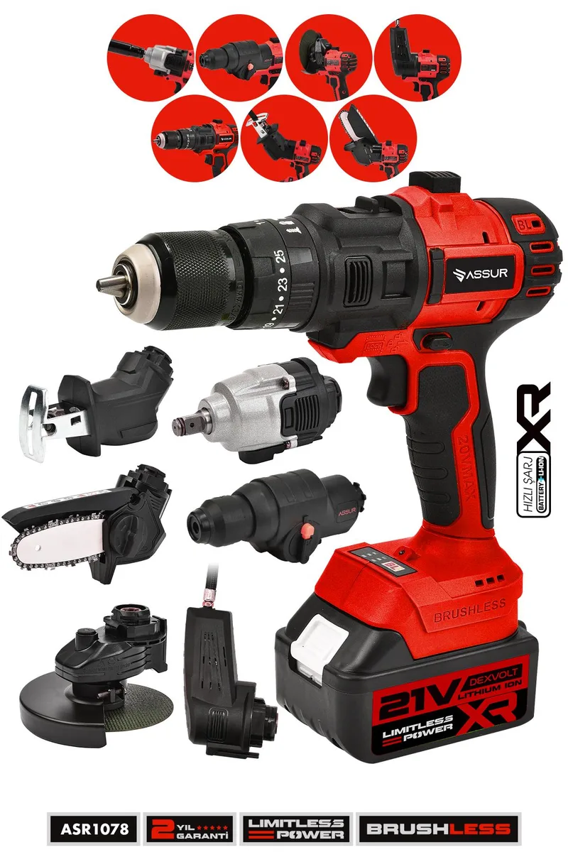 Assur Profesyonel 7 Başlıklı Set 21V Vidalama Taşlama Somun Sıkma Tilki Kuyruğu Budama Hava Pompası Hilti - Görsel 3