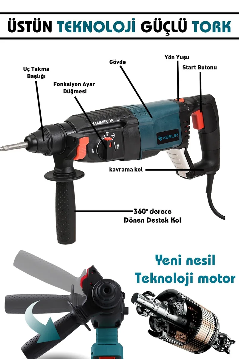 Assur Profesyonel 850W Darbeli Kırıcı Delici Hilti 26mm Matkap - Görsel 2