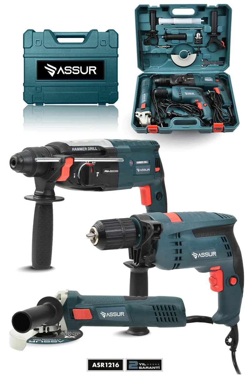 ASSUR Profesyonel Elektrikli 3'lü Set Matkap,Taşlama,Kırıcı/Delici Hilti